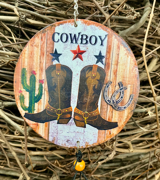 28" WESTERN-STYLE BAMBOO WIND CHIME "COWBOY" WITH BOOTS & CACTUS-81504-BOOTS