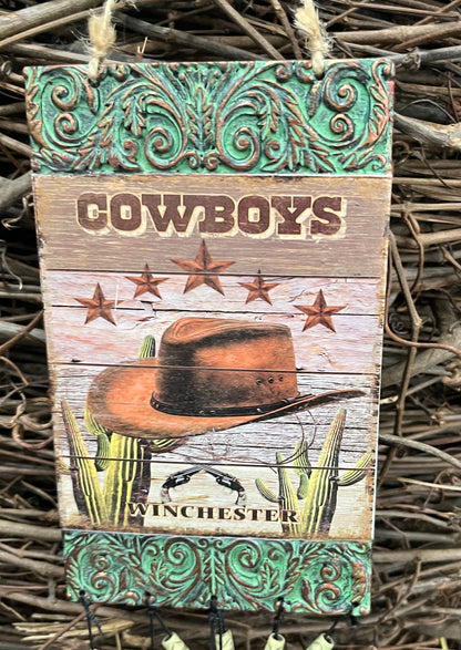 30" WESTERN THEMED CERAMIC WIND CHIME-"COWBOYS" & FAUX WOOD PLANKS WITH CACTUS 81505-HAT