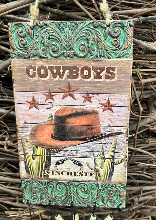 30" WESTERN THEMED CERAMIC WIND CHIME-"COWBOYS" & FAUX WOOD PLANKS WITH CACTUS 81505-HAT