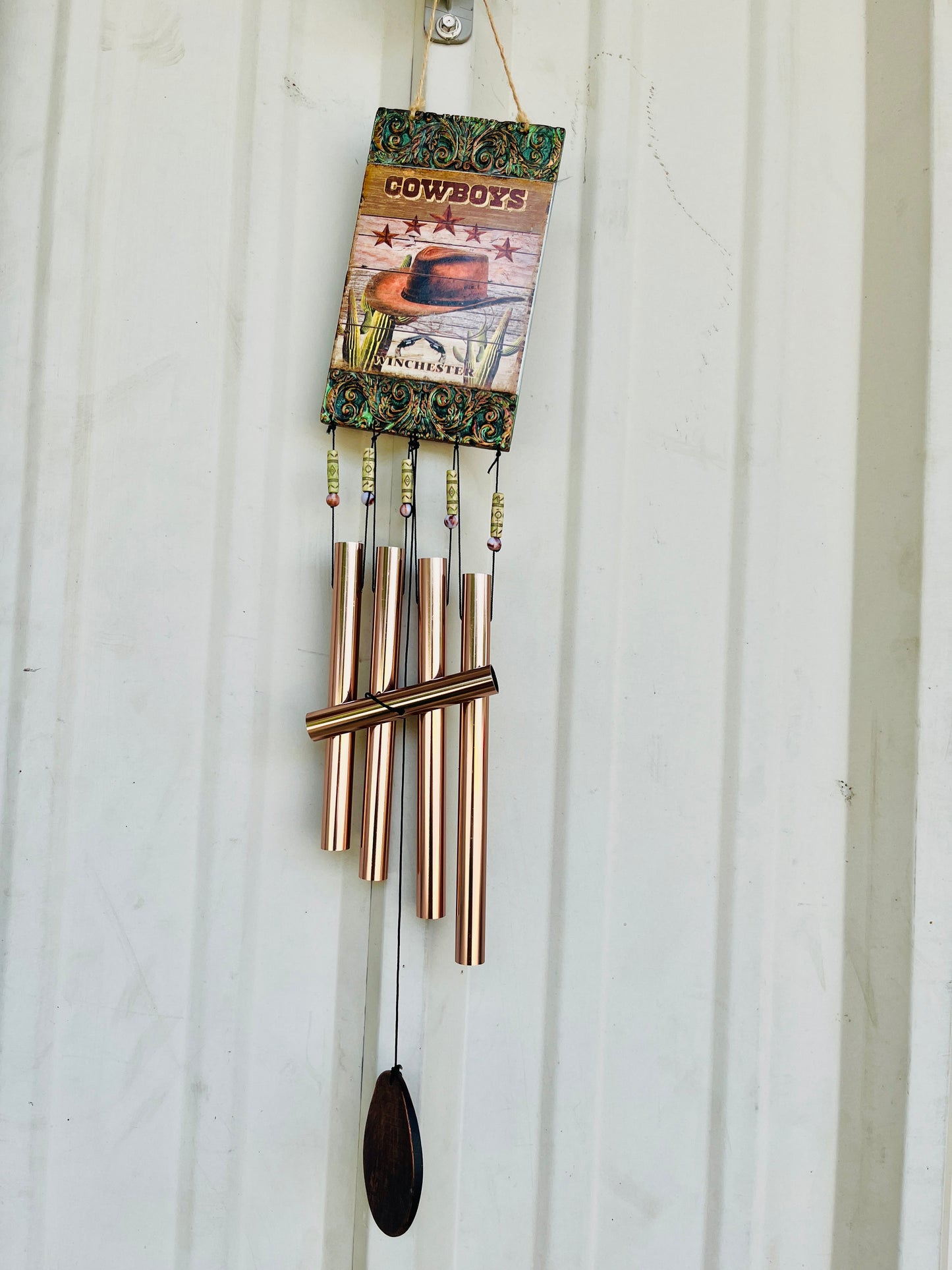 30" WESTERN THEMED CERAMIC WIND CHIME-"COWBOYS" & FAUX WOOD PLANKS WITH CACTUS 81505-HAT