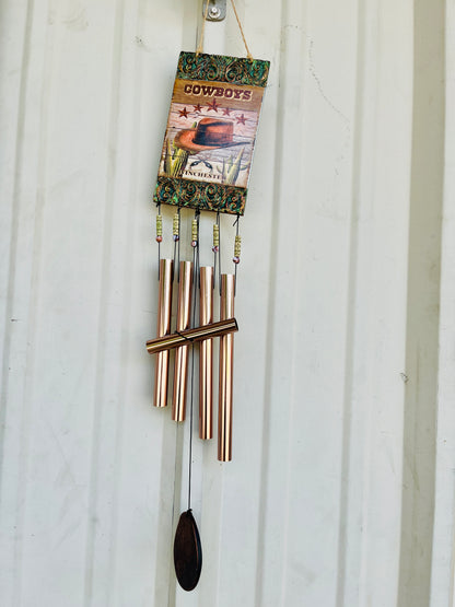 30" WESTERN THEMED CERAMIC WIND CHIME-"COWBOYS" & FAUX WOOD PLANKS WITH CACTUS 81505-HAT