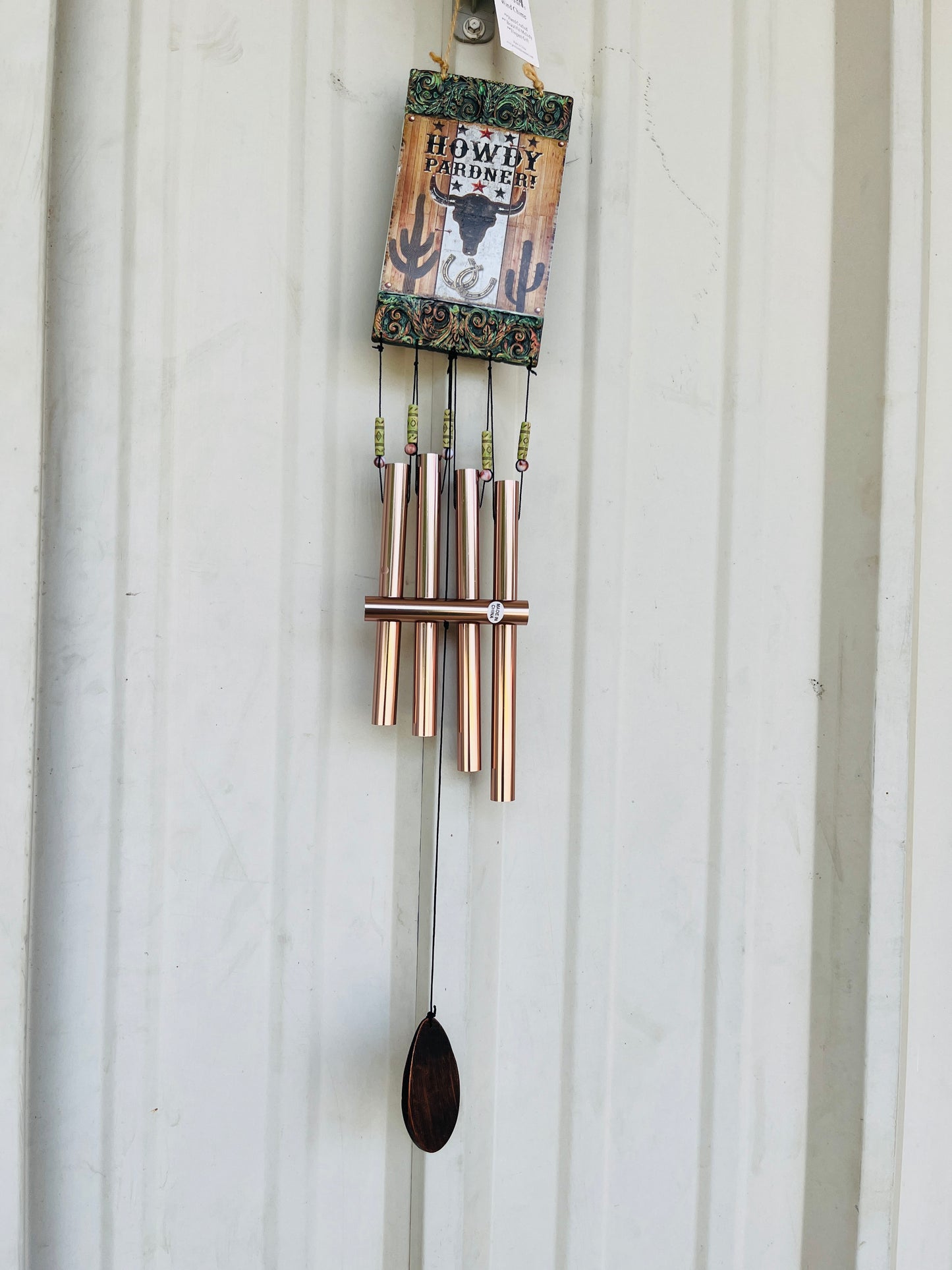 30" WESTERN THEMED CERAMIC WIND CHIME-"HOWDY PARDNER" BULL SKULL & CACTUS-81505-SKULL