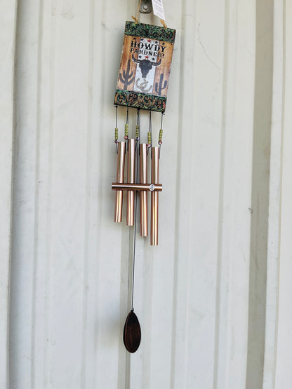 30" WESTERN THEMED CERAMIC WIND CHIME-"HOWDY PARDNER" BULL SKULL & CACTUS-81505-SKULL