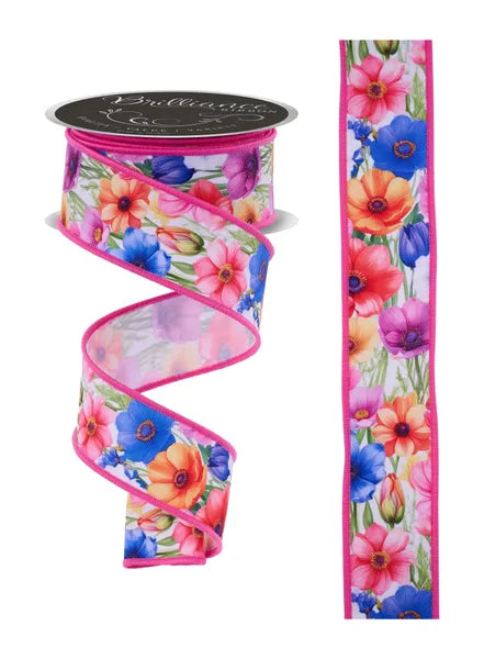 1.5"X10YD BRIGHT FLORALS-WHT/MULTI-LS1225RT