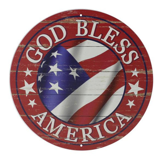 12"DIA GOD BLESS AMERICA SIGN - ANTIQUE RED/WHITE/BLUE - MD0357