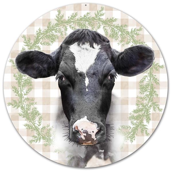 12"DIA METAL BESSIE THE COW - WHITE, BLACK, TAN AND MOSS - MD0452