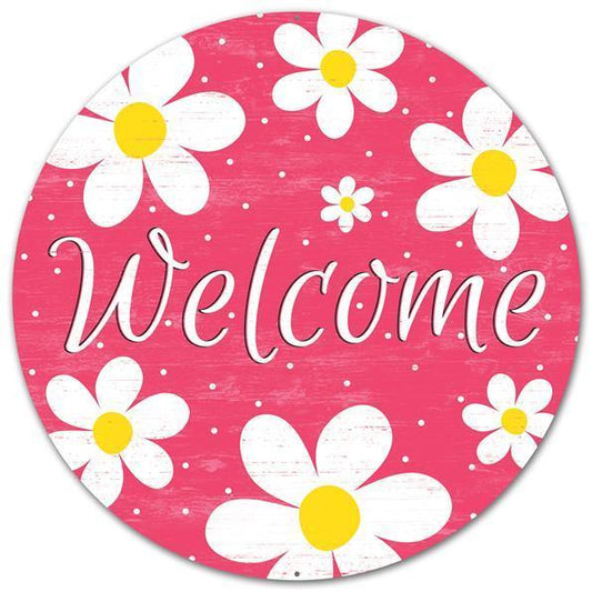 12"DIA METAL PINK "WELCOME" DAISY SIGN - MD045607