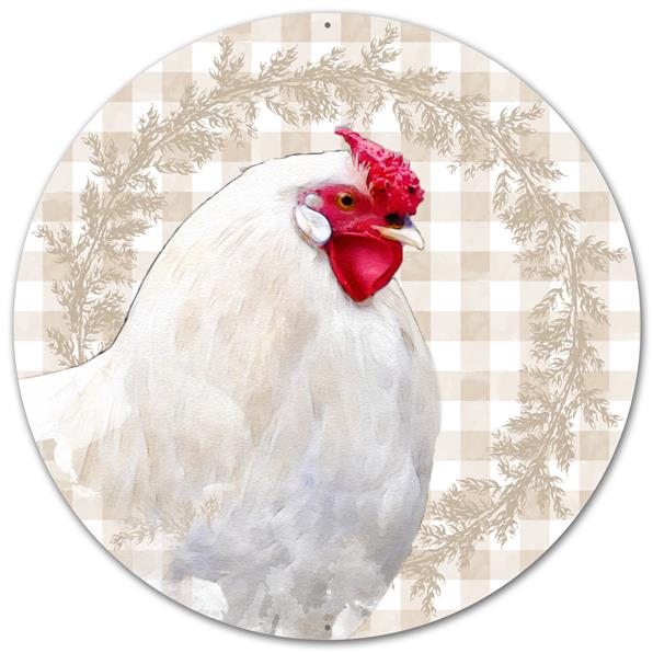 12"DIA METAL ROOSTER/CHECK SIGN - WHITE/BEIGE/RED - MD0499