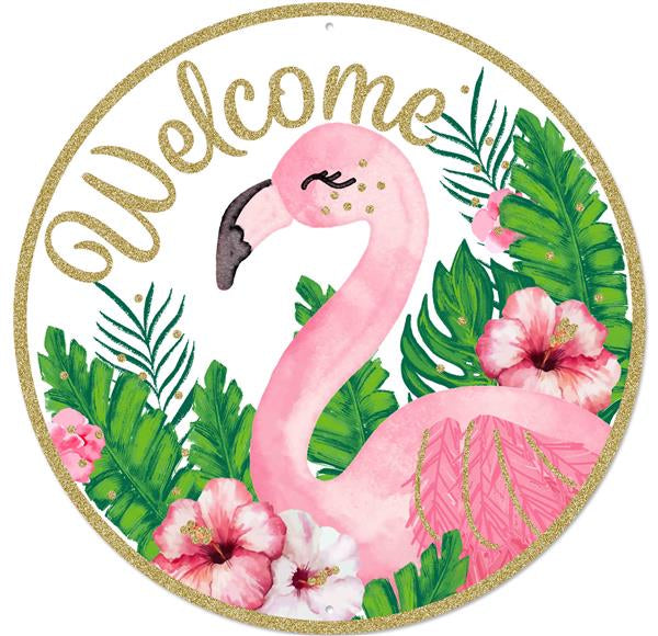 12"DIA GLITTER WELCOME FLAMINGO SIGN - WHITE/PINK/GREEN/GOLD - MD0830