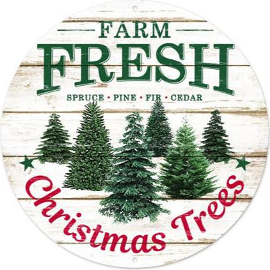 8"DIA FARM FRESH CHRISTMAS TREES SIGN - GREEN/RED - MD0929