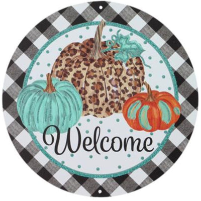 8"DIA METAL/GLTTR WELCOME/PUMPKINS SIGN - BROWN/TAN/TEAL/BLK/WHITE - MD0946