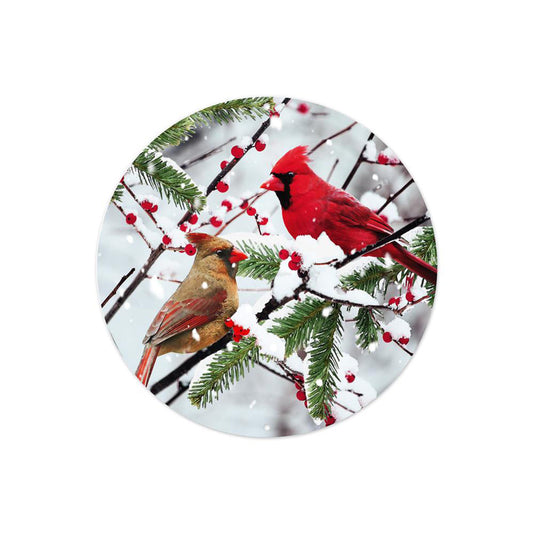 8"DIA METAL CARDINALS ON SNOWY BRANCH-WHITE/RED/BROWN/GREEN-MD0960
