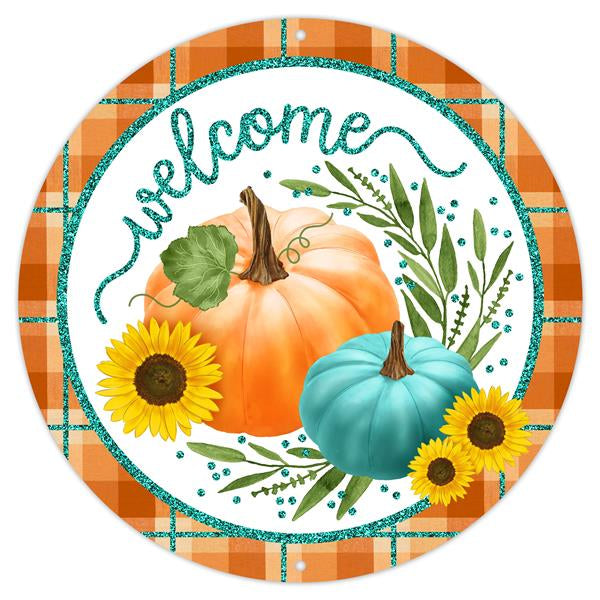 12"DIA METAL/GLITTER WELCOME W/PUMPKINS - ORANGE/TEAL/MOSS/YELLOW - MD096742
