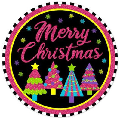 8"DIA METAL/GLTR MERRY CHRISTMAS W/TREES - HOT PINK/BLACK/LIME/YLLW - MD0978