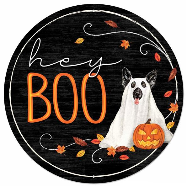 12"DIA METAL HEY BOO SIGN - BLACK/WHITE/ORANGE - MD1001