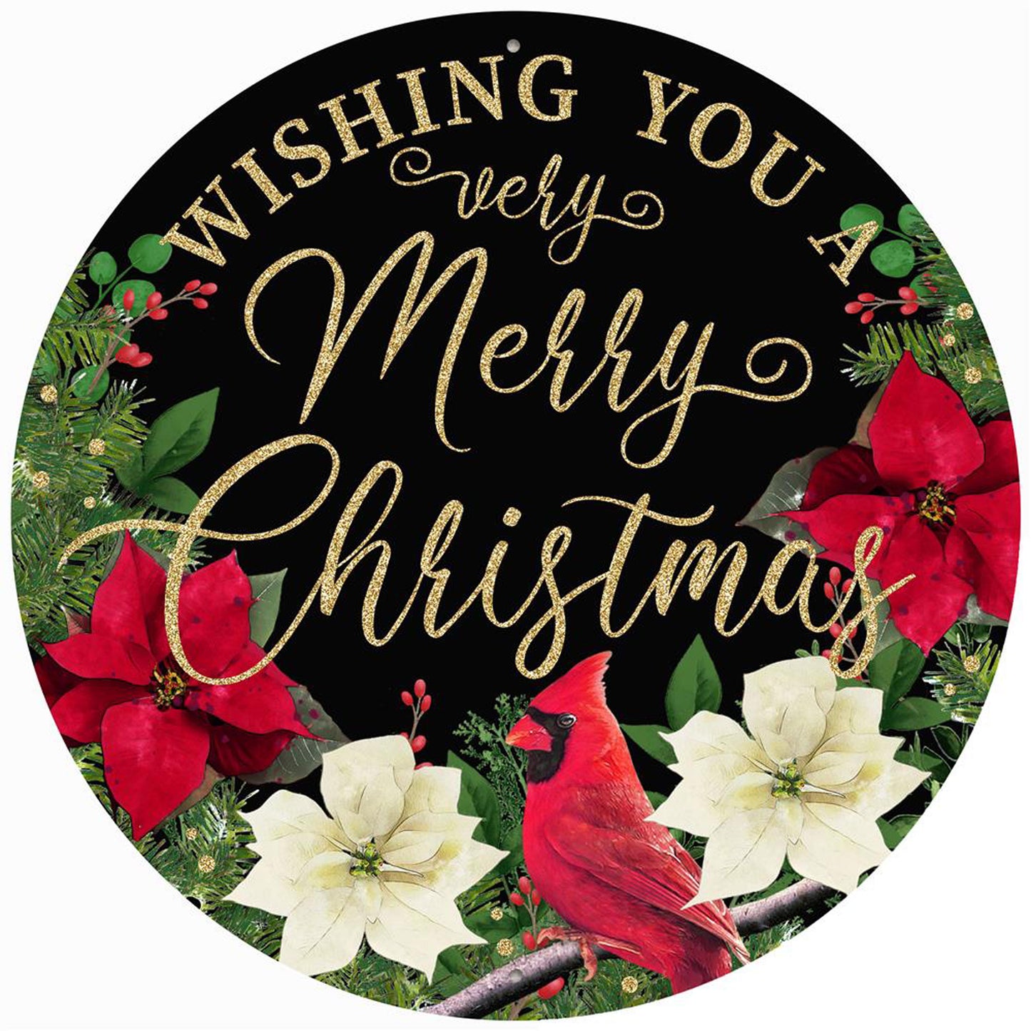 12"DIA METAL/GLTR MERRY CHRISTMAS SIGN - BLACK/EMERALD/RED/WHITE - MD1011