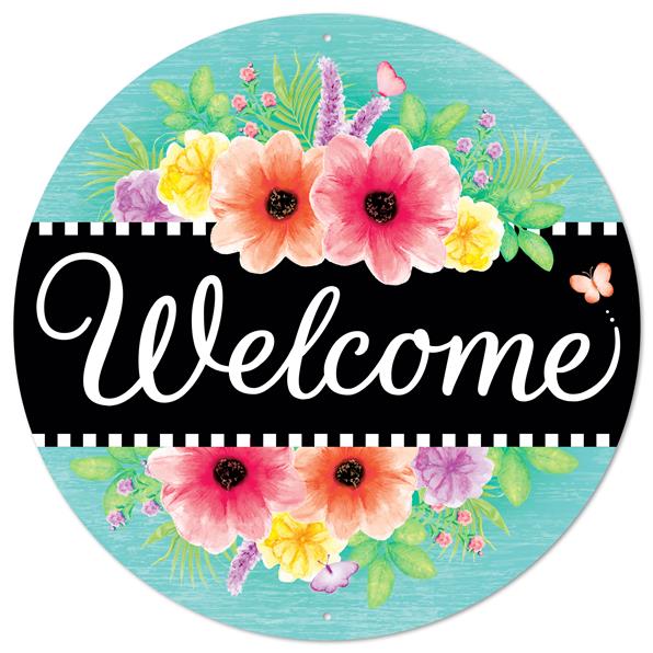 12"DIA METAL WELCOME W/FLOWERS SIGN - TEAL/BLK/WHT/PINK/YLW/GRN - MD1013