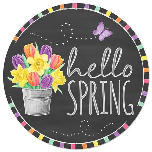 12"DIA METAL HELLO SPRING SIGN - GRY/WHT/YLW/OR/PNK/PRP/GR - MD1029