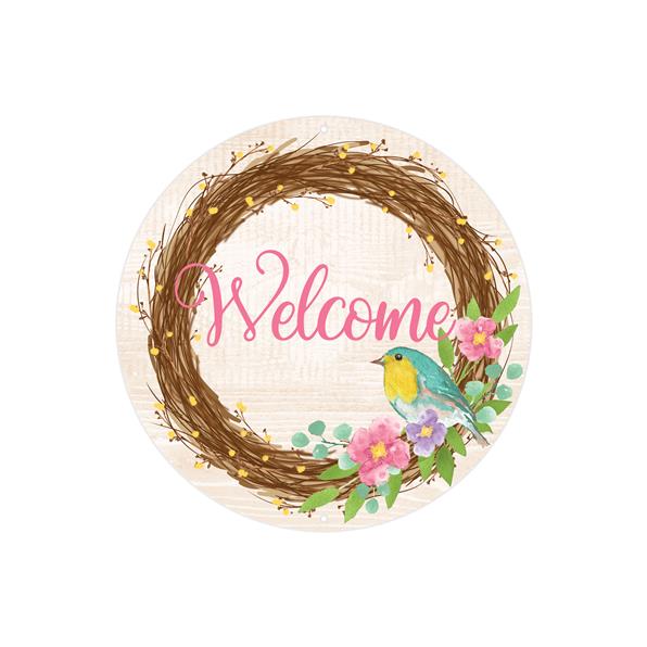 8"DIA WELCOME W/BIRD NEST METAL SIGN - BRWN/PINK/TEAL/GRN/YLW - MD1119