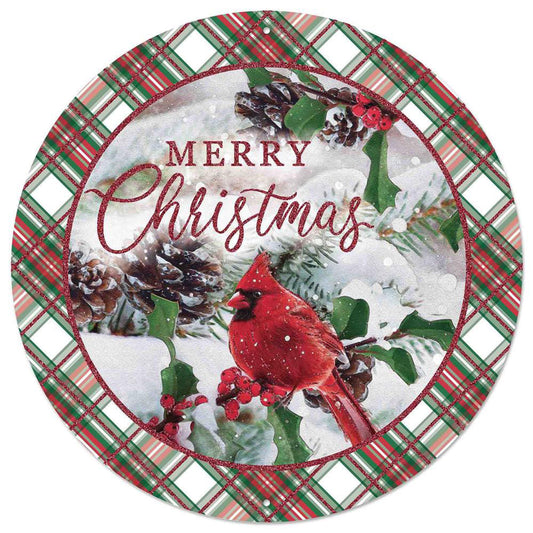 12"DIA MERRY CHRISTMAS/CARDINAL SIGN - WHITE/RED/GREEN - MD1260