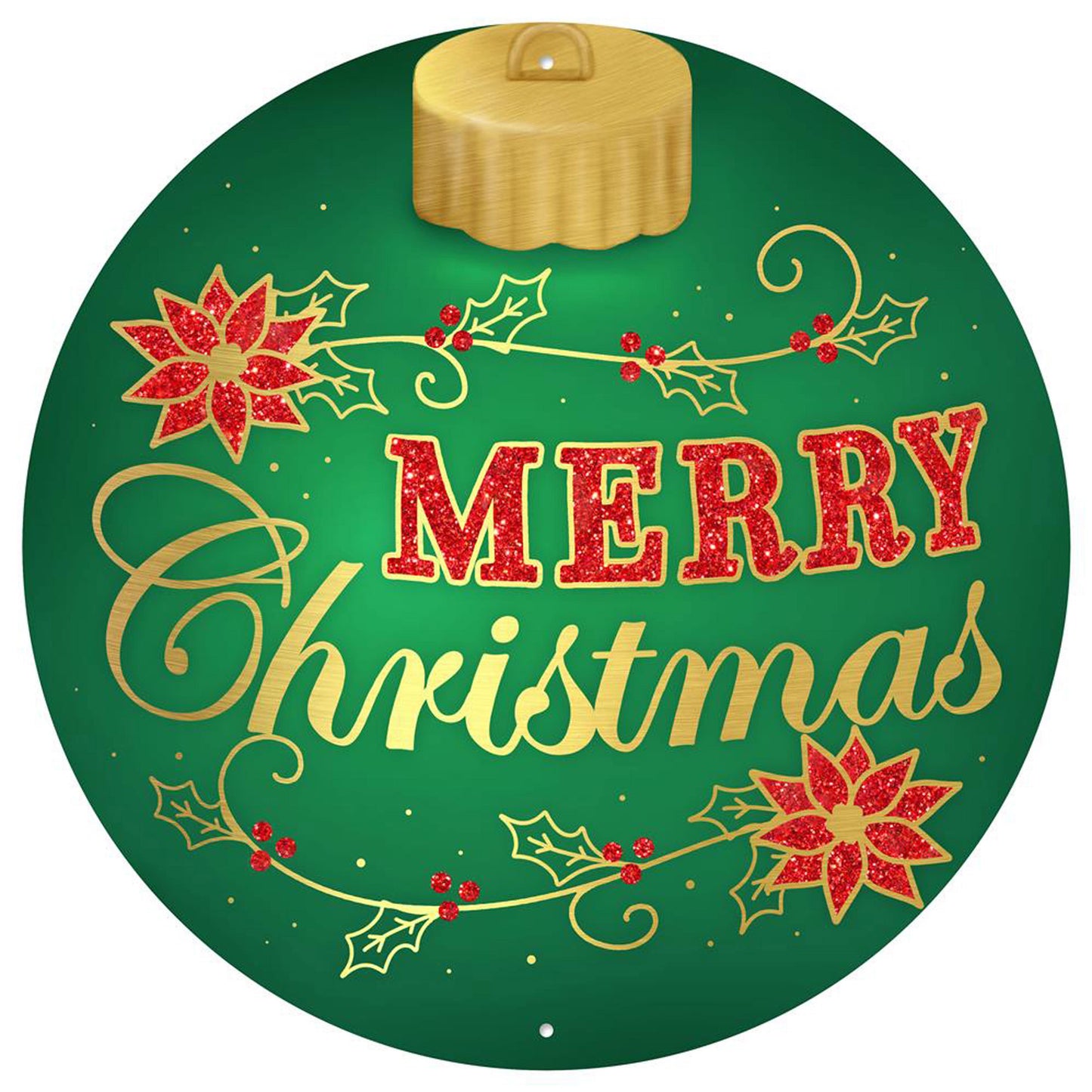 12"DIA METAL MERRY CHRISTMAS ORN SIGN - EMERALD/GOLD/RED - MD1328