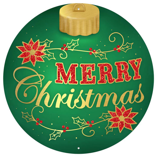 12"DIA METAL MERRY CHRISTMAS ORN SIGN - EMERALD/GOLD/RED - MD1328