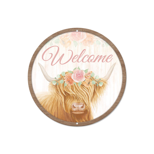 8"DIA METAL WELCOME W/COW SIGN - BROWN/CREAM/DUSTY ROSE - MD138466