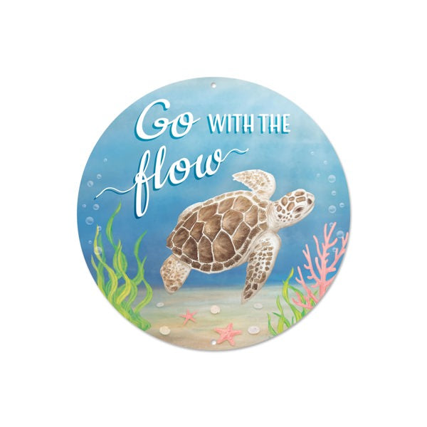 8"DIA METAL GO WITH THE FLOW SIGN - BLUE/BROWN/WHITE - MD1386