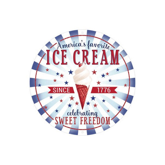 8"DIA METAL AMERICA'S ICE CREAM SIGN - RED/WHITE/BLUE - MD1509