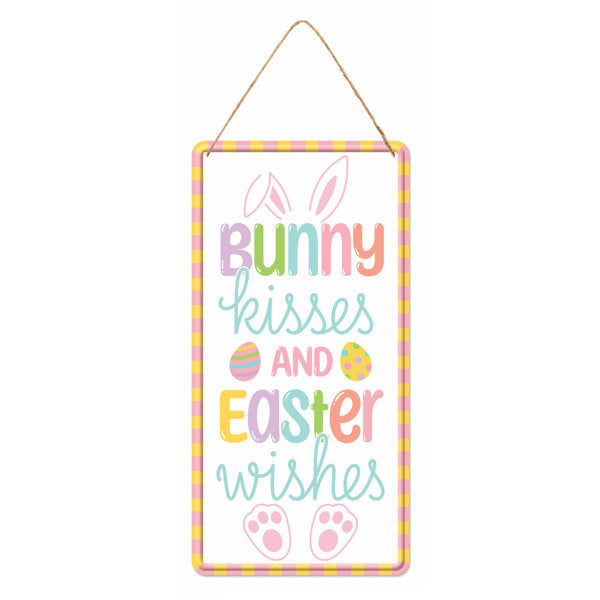 12"H X 6"L EMBOSSED BUNNY KISSES SIGN - WHITE/PASTEL MULTI - MD1513