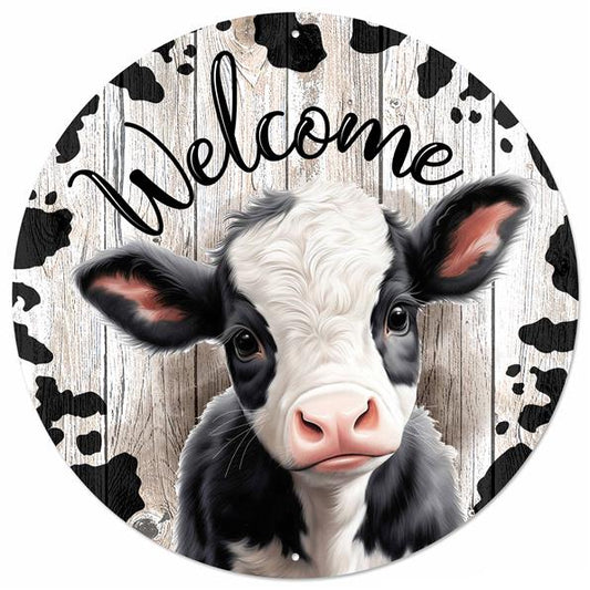 12"DIA METAL WELCOME W/CALF SIGN - BLACK/WHITE/LT NATURAL - MD151902