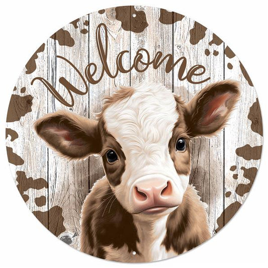 12"DIA METAL WELCOME W/CALF SIGN - BROWN/WHITE/LT NATURAL - MD151904