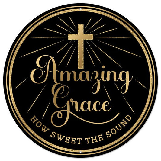 12"DIA METAL GLITTER AMAZING GRACE SIGN - BLACK/GOLD - MD152502