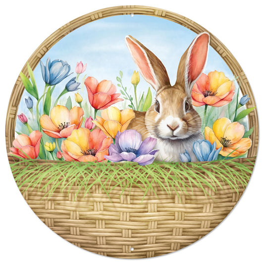 12"DIA BASKET W/BUNNY AND FLOWER SIGN - BRN/BL/PNK/GRN/YLW/LVNDR - MD1527