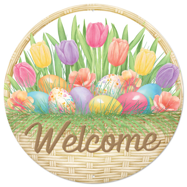 12"DIA METAL WELCOME BASKET W/EGGS SIGN - GRN/BRN/YLW/ORG/PNK/LVNDR - MD1528