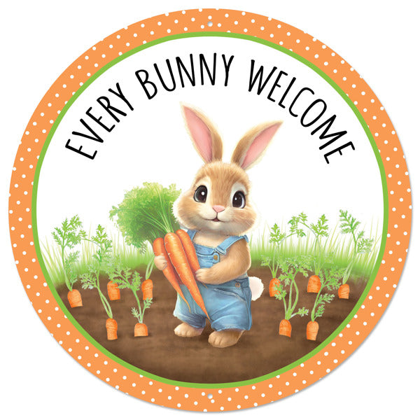 12"DIA METAL EVERY BUNNY WELCOME SIGN - ORG/BRN/GRN/BLUE/WHT/BLK - MD1529