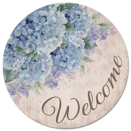 12"DIA METAL WELCOME W/HYDRANGEA SIGN - BEIGE/PERIWINKLE/LAV/GRN - MD153549