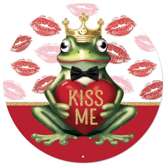 12"DIA METAL KISS ME FROG PRINCE SIGN - RED/WHITE/GREEN/GOLD - MD154924