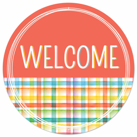 12"DIA WELCOME WATERCOLOR PLAID SIGN - CORAL/WHITE/TEAL/YLW/BLUE - MD155050