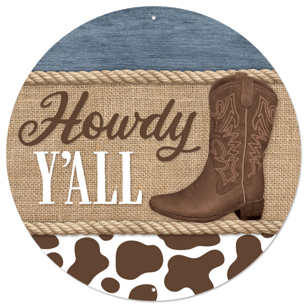 12"DIA HOWDY Y’ALL W/COWBOY SIGN - BLUE/TAN/BROWN/BLACK/WHT - MD155104