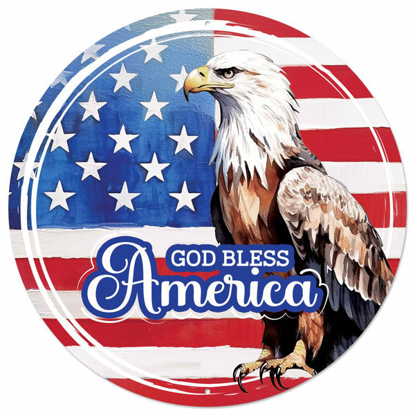 12"DIA GOD BLESS AMERICA SIGN W/EAGLE - RED/WHITE/BLUE - MD1572