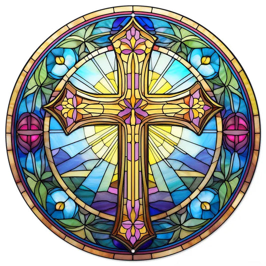 12"DIA METAL STAINED GLASS CROSS SIGN- BLUE/YLLW/GRN/INDIGO/BRWN- MD1712