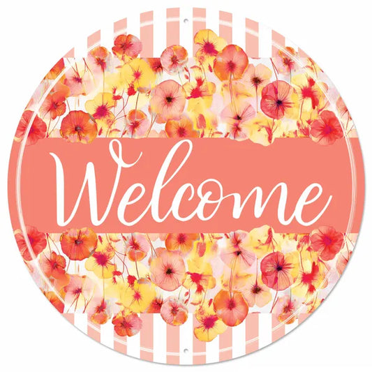 12"DIA WELCOME W/ABSTRACT FLORALS SIGN -CORAL/YELLOW/WHITE- MD1721E5