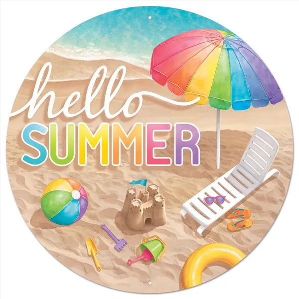 12"DIA METAL HELLO SUMMER W/BEACH SIGN-TAN/BLUE/WHITE-MD1738