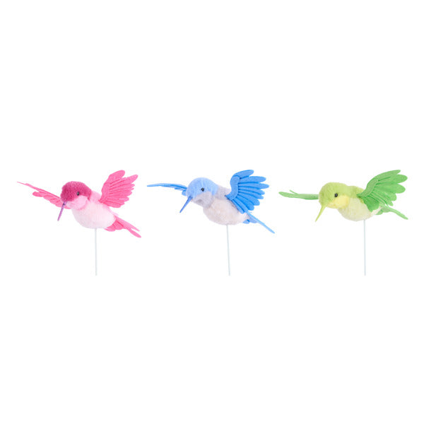 9"W X 8.5"L FAUX FUR HUMMINGBIRD, 20"OAL - PINK, GREEN OR BLUE - MF3989