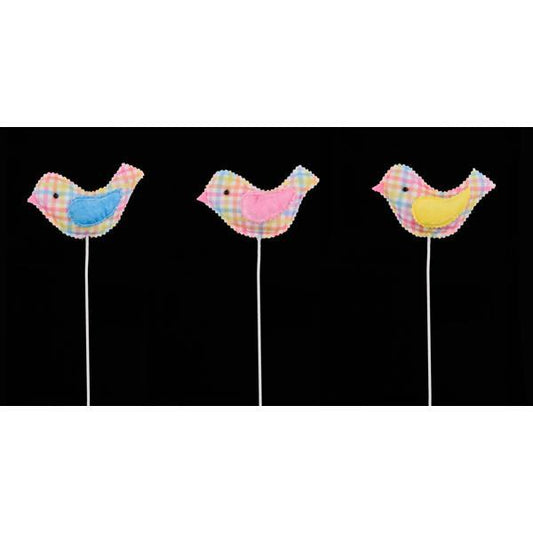5"L CHECK VELVET BIRD PICK in Blue, Pink and Yellow, 15"H - MN0305