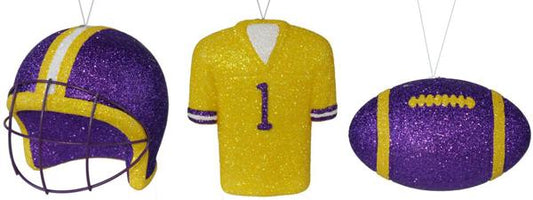 3 ASST FOOTBALL/HELMET/JERSEY ORNAMENT - PURPLE/YELLOW/WHITE - MS1302CY