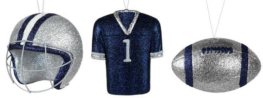 3 ASST FOOTBALL/HELMET/JERSEY ORNAMENT - SILVER/BLUE - MS1302N6