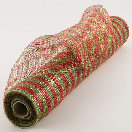 21" x 10yd Metallic Poly Deco Thin Stripe Mesh-Red Lime-RE1014A9
