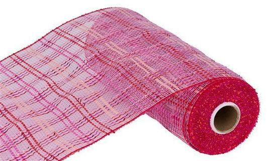 10"X10YD HOT PINK, PINK and RED VERTICAL FOIL PLAID MESH - RE136866